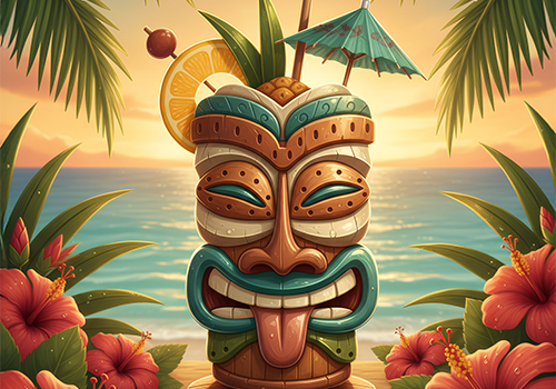 Tiki-Holzmaske mit Cocktail, Strohhalm und kleinem Sonnenschirm, umgeben von roten Hibiskusblüten und Palmen bei Sonnenuntergang am Strand.